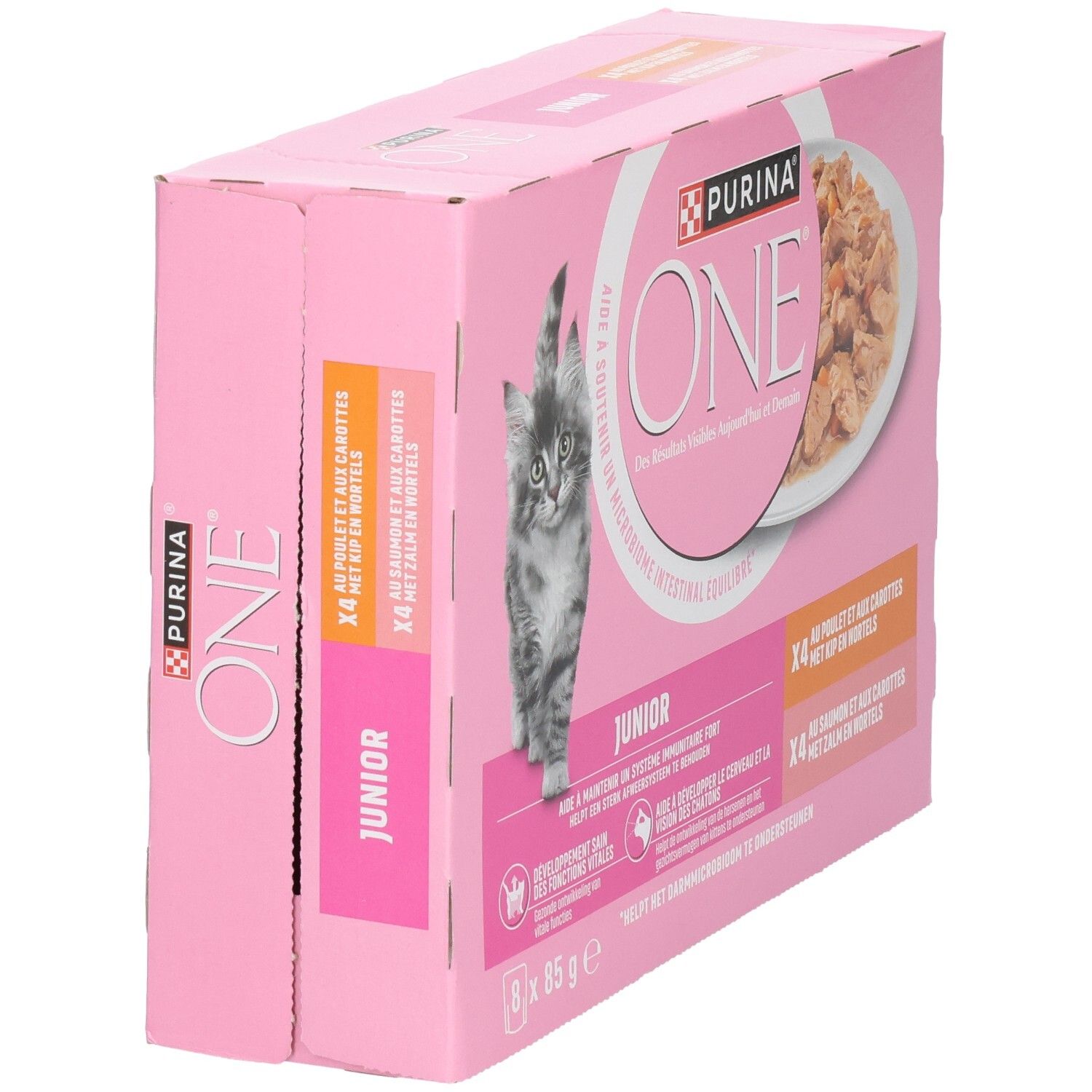 Purina ONE Junior Katzenfutter-Packung, rosa, mit Kätzchen-Abbildung.