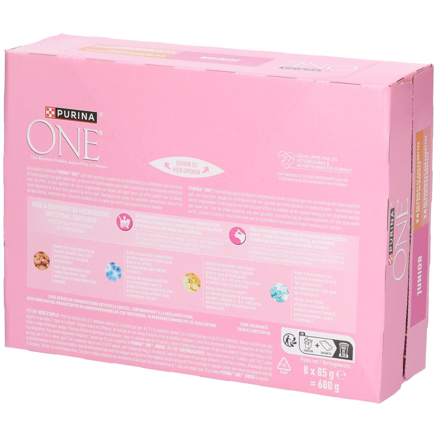 Purina One Junior Katzenfutter-Box mit 8 x 85g Schalen. Rosa Verpackung mit Kätzchen und Futterabbildung.