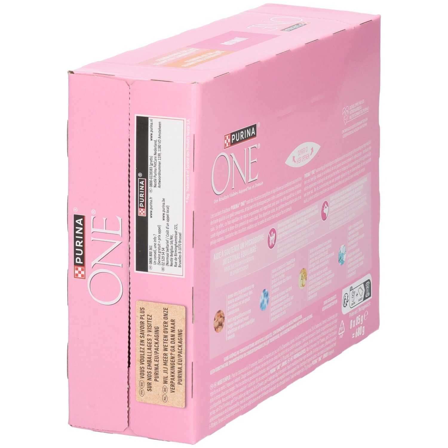 Purina ONE Katzenfutter-Packung, rosa, mit Informationen und Bildern.