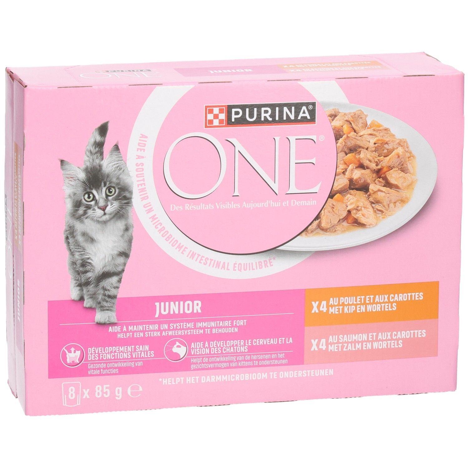 Purina One Junior Katzenfutter-Box, Rückseite. Rosa Verpackung mit Produktinformationen und Icons.
