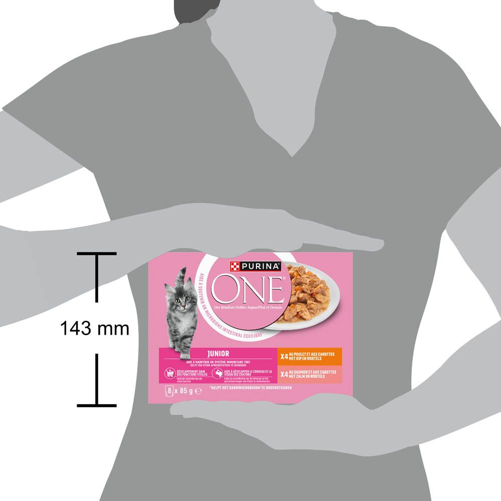 Purina One Junior Katzenfutter-Packung mit Kätzchen-Illustration und Futterabbildung. Maße: 143 mm.