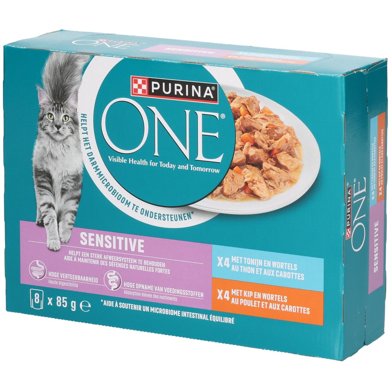 Purina ONE Sensitive Katzenfutter-Packung mit Huhn, Thunfisch und Karotten. 8x 85g.