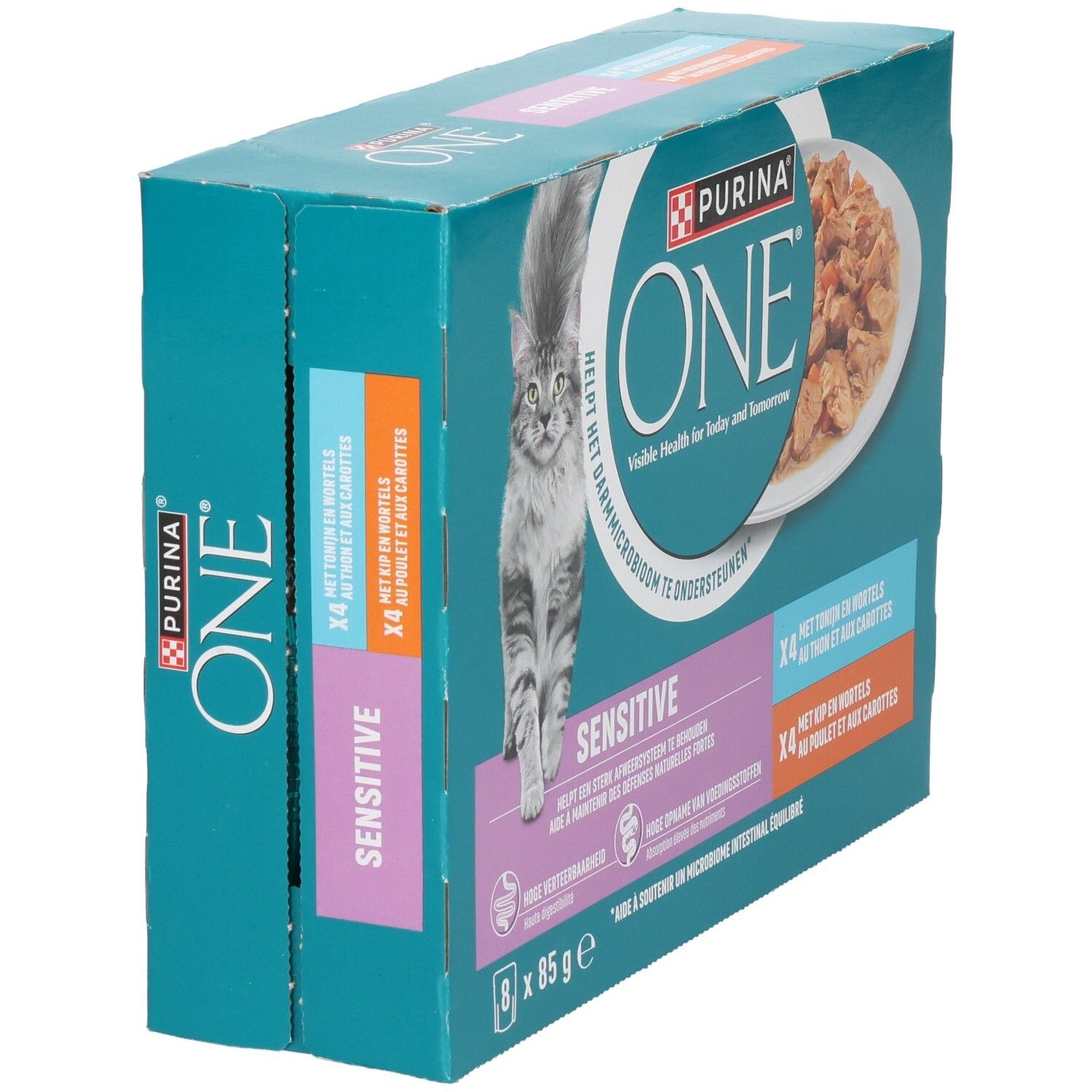 Purina ONE Sensitive Katzenfutter-Packung, Seitenansicht. 8x 85g.