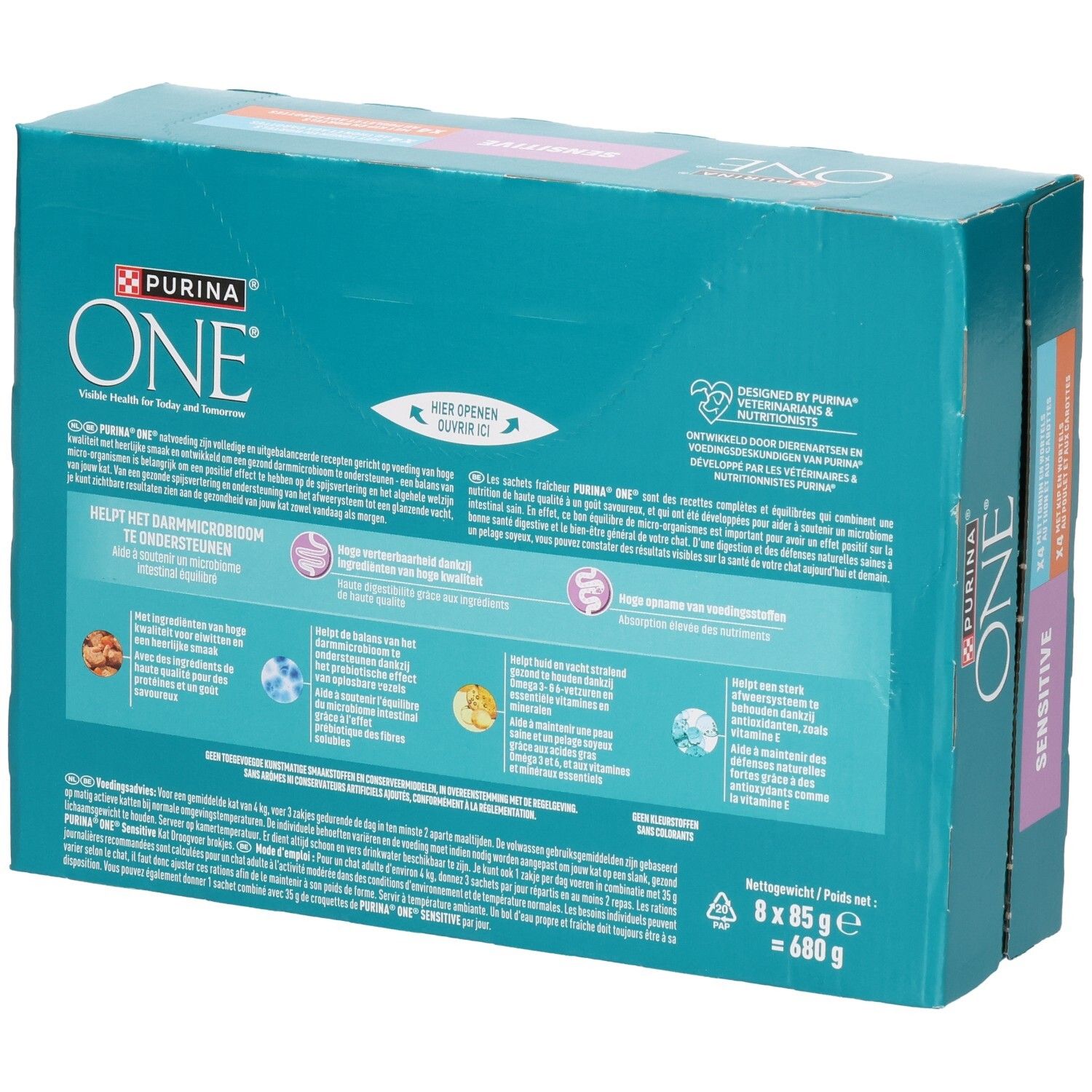 Rückseite der Purina ONE Sensitive Katzenfutter-Packung mit Produktinformationen. 8x 85g.