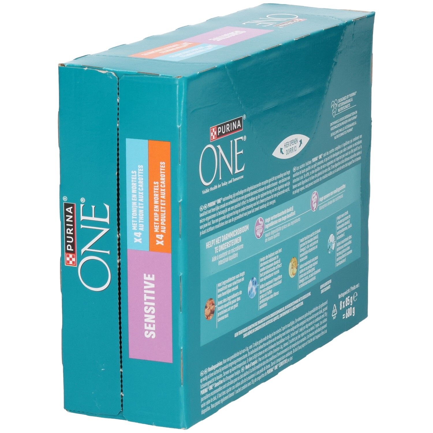 Purina ONE Sensitive Katzenfutter-Packung, schräge Ansicht. 8x 85g.