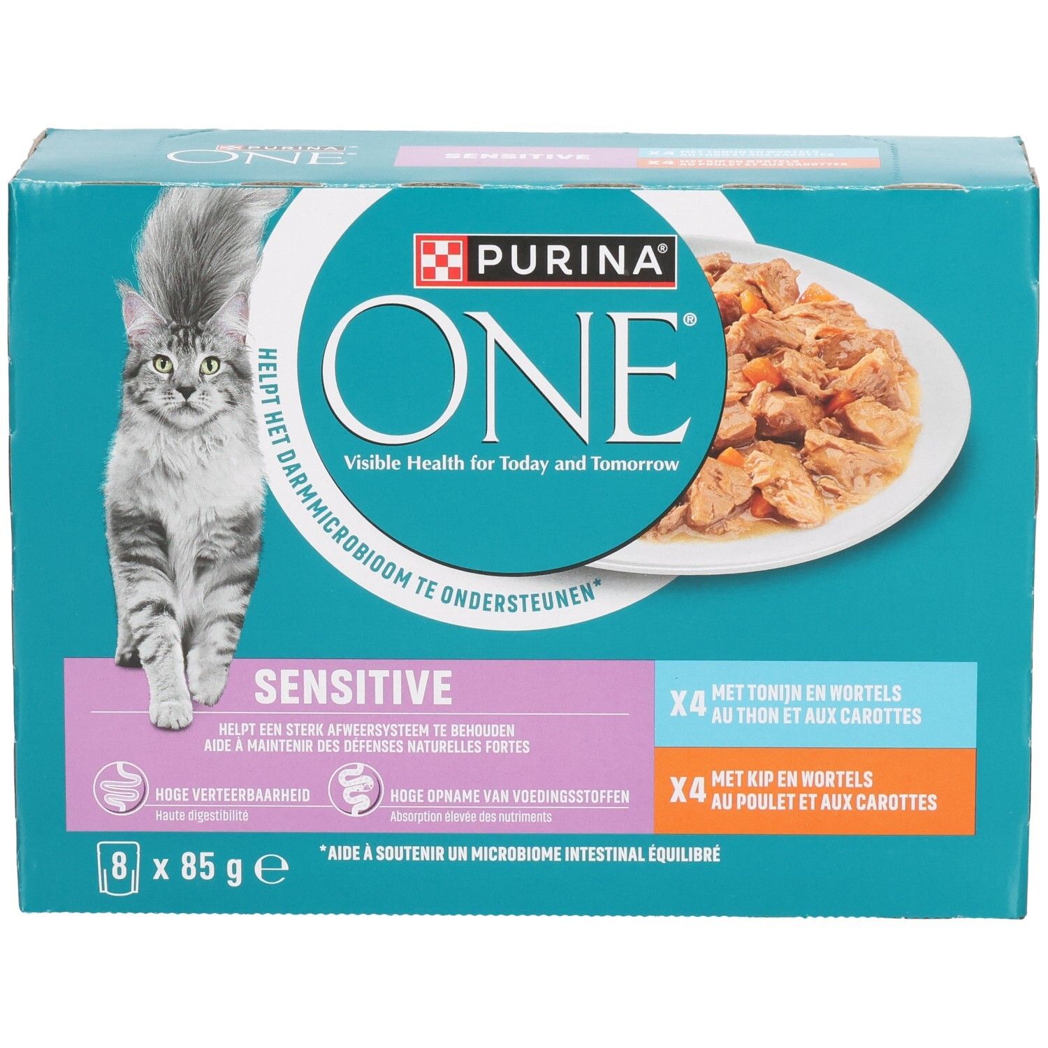 Purina ONE Sensitive Katzenfutter-Packung mit Huhn, Thunfisch und Karotten. 8x 85g.