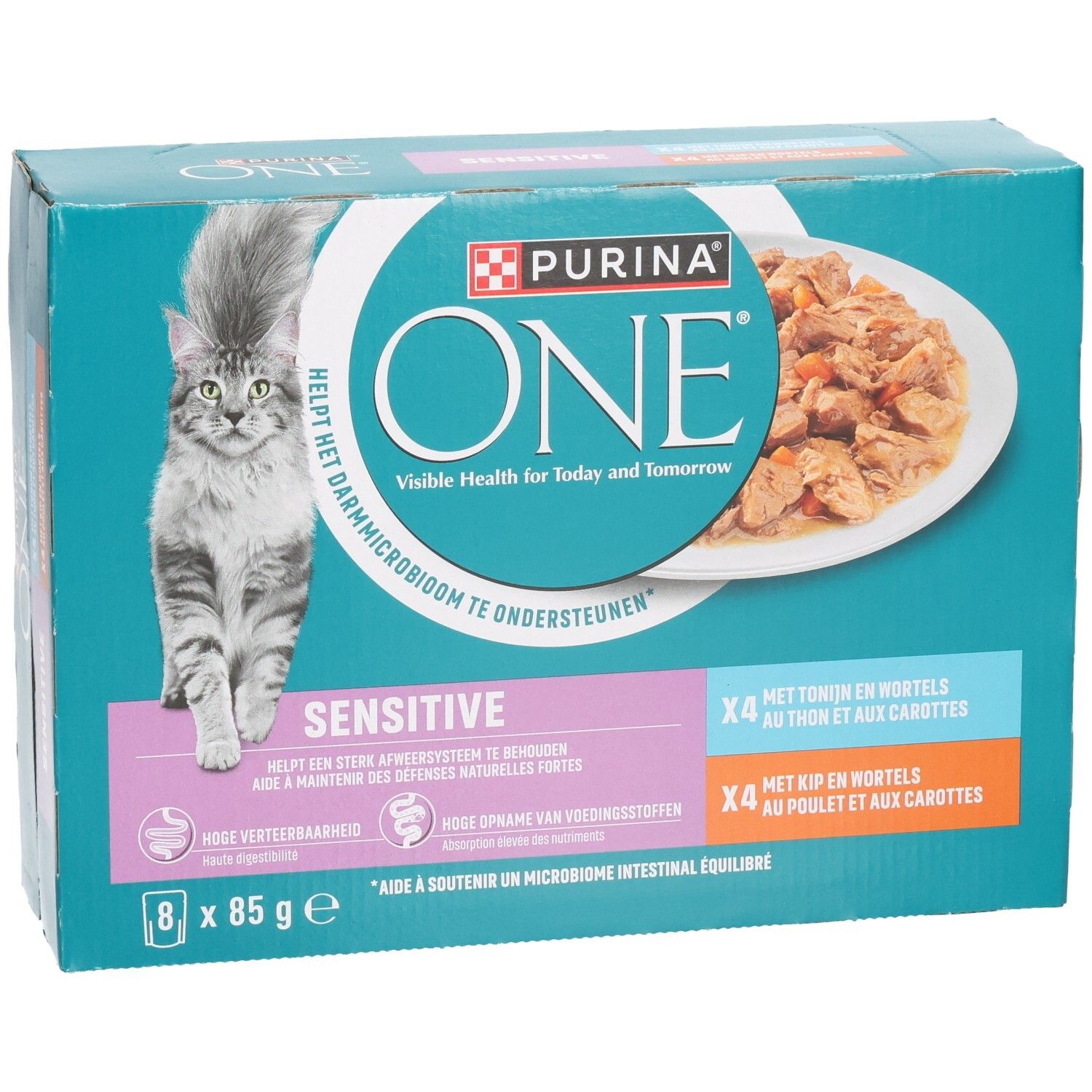 Purina ONE Sensitive Katzenfutter-Packung mit Huhn, Thunfisch und Karotten. 8x 85g.