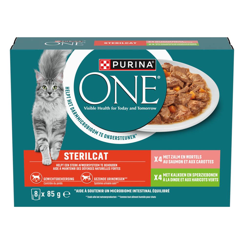 Pack nourriture chat Purina ONE Sterilcat, vue latérale, 8 x 85g.
