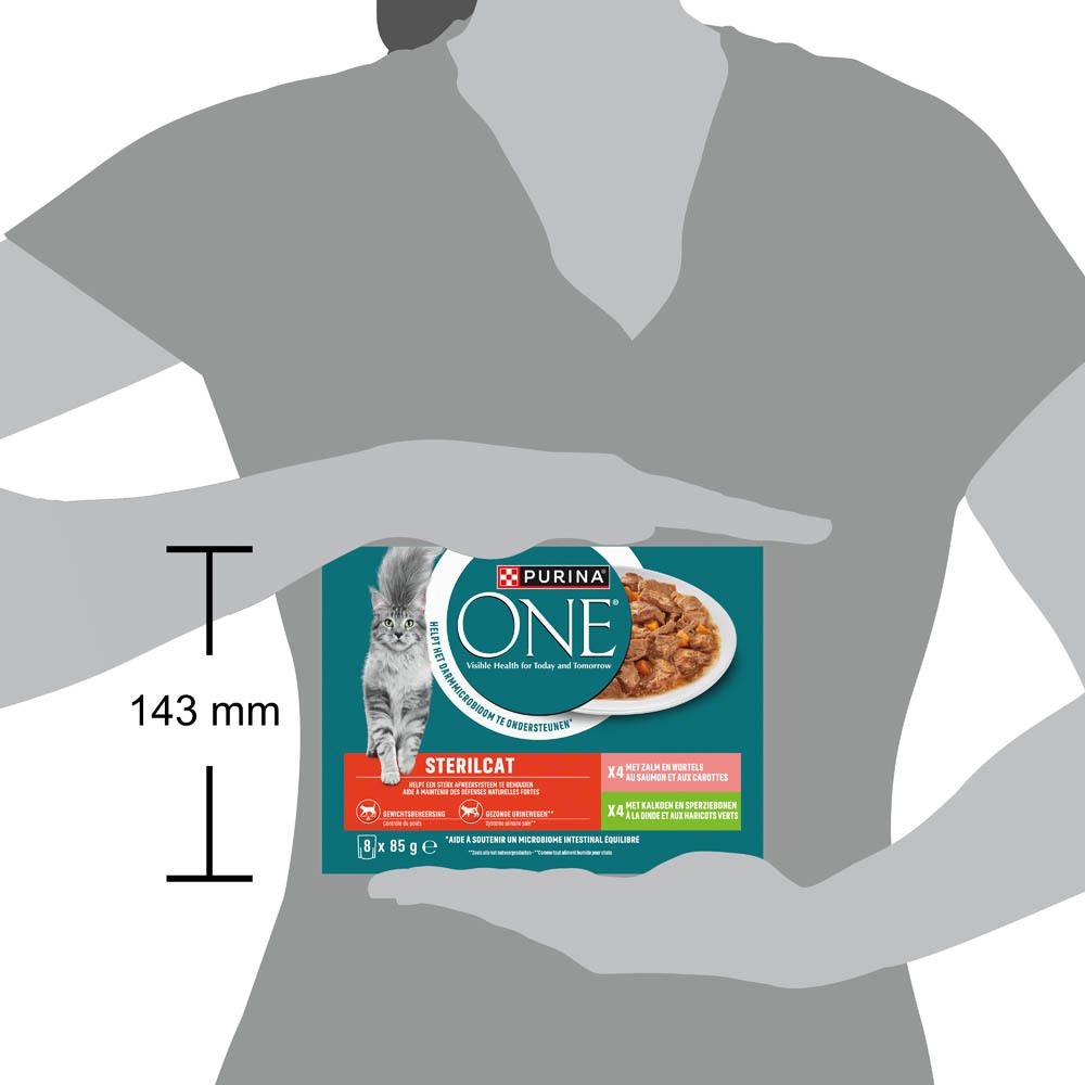 Pack nourriture chat Purina ONE Sterilcat, vue en perspective, 8 x 85g.