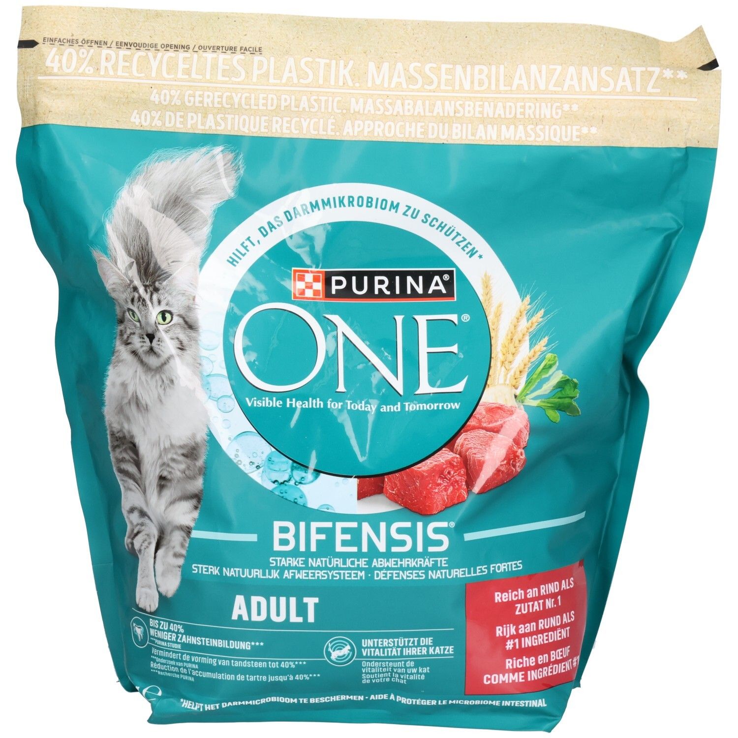 Purina ONE BIFENSIS Adult Trockenfutter für Katzen mit Rindfleisch. Beutel mit Katze und Fleischstücken.