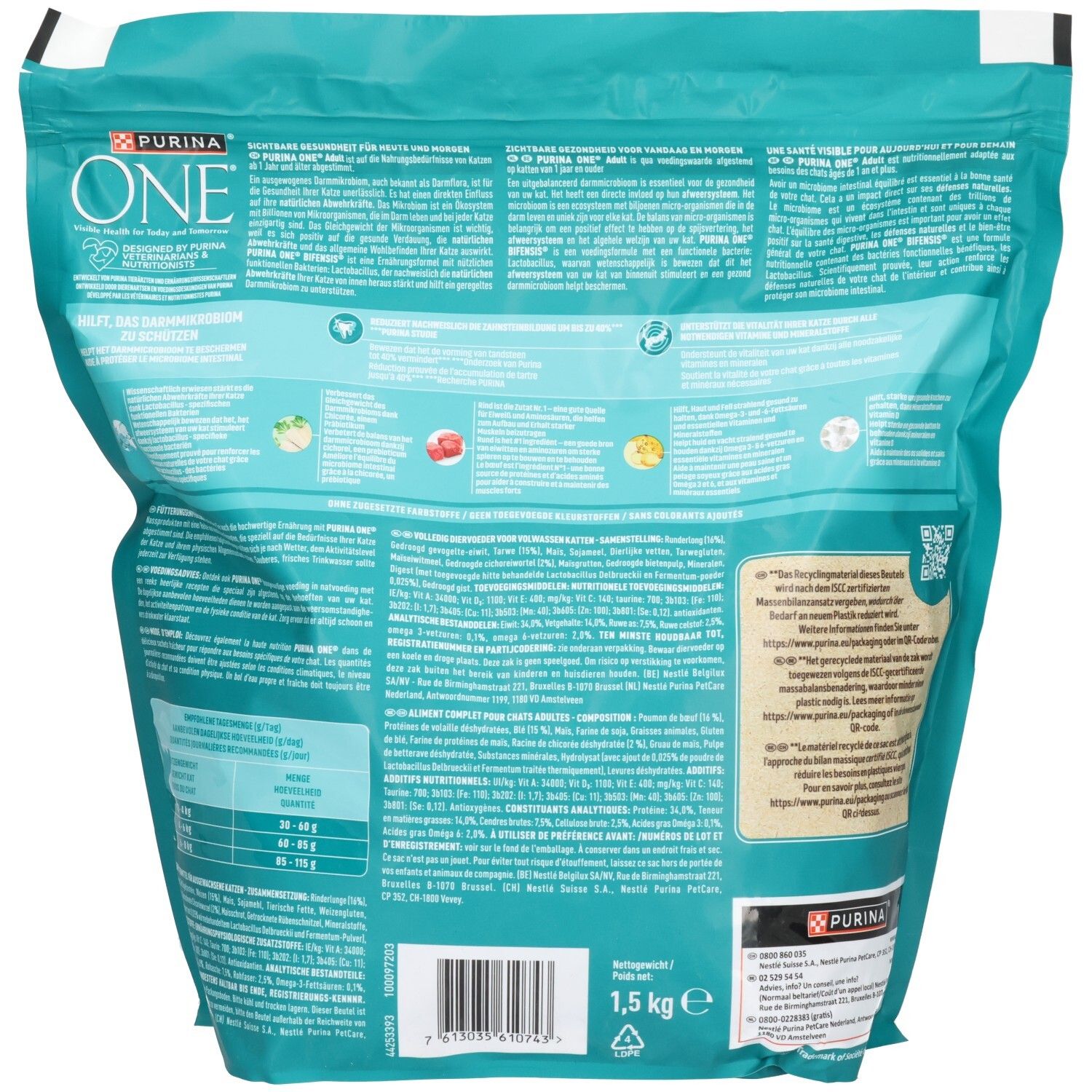 Rückseite des Purina ONE BIFENSIS Adult Katzenfutterbeutels mit Nährwertangaben und Inhaltsstoffen. 1,5 kg.
