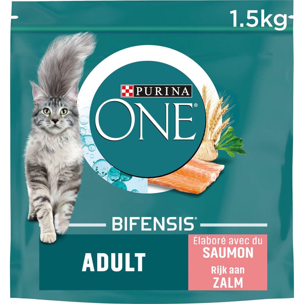 Purina ONE BIFENSIS Adult Katzennahrung mit Lachs, 1,5 kg Beutel mit Katze und Lachsabbildung.