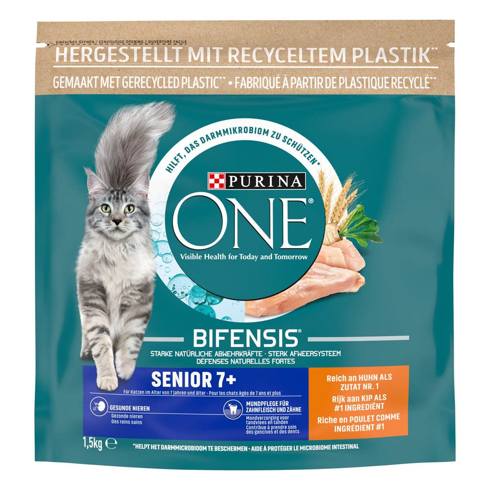 Purina One Bifensis Adult Katzenfutter mit Lachs, 1.5kg Beutel mit Bild einer Katze und Lachsfilet.
