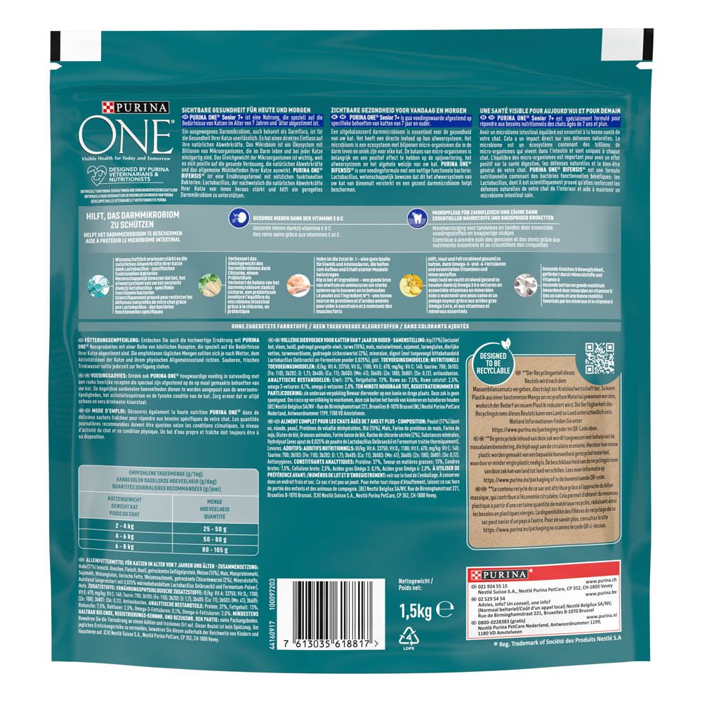Rückseite einer 1,5 kg Packung Purina ONE Senior 7+ Katzenfutter mit detaillierten Informationen und Nährwertangaben.