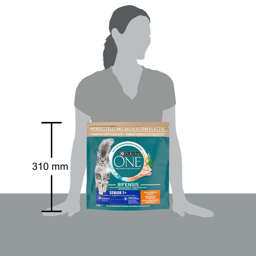 Purina ONE Senior 7+ Katzenfutter, 1,5 kg Packung, 310 mm hoch, mit Katze und Lachsabbildung.