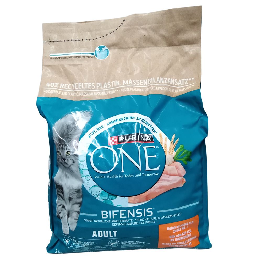 Purina ONE Adult Katzennahrung mit Bifensis, 2kg Beutel mit Katze und Huhn.