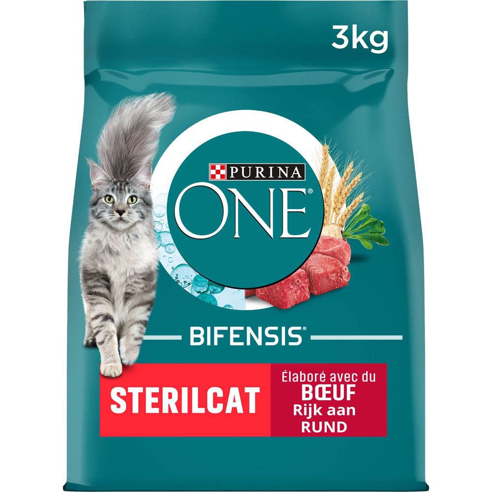 Purina One Sterilcat Katzenfutter mit Rind, 3kg Beutel mit Bild einer Katze und Rindfleischstücken.