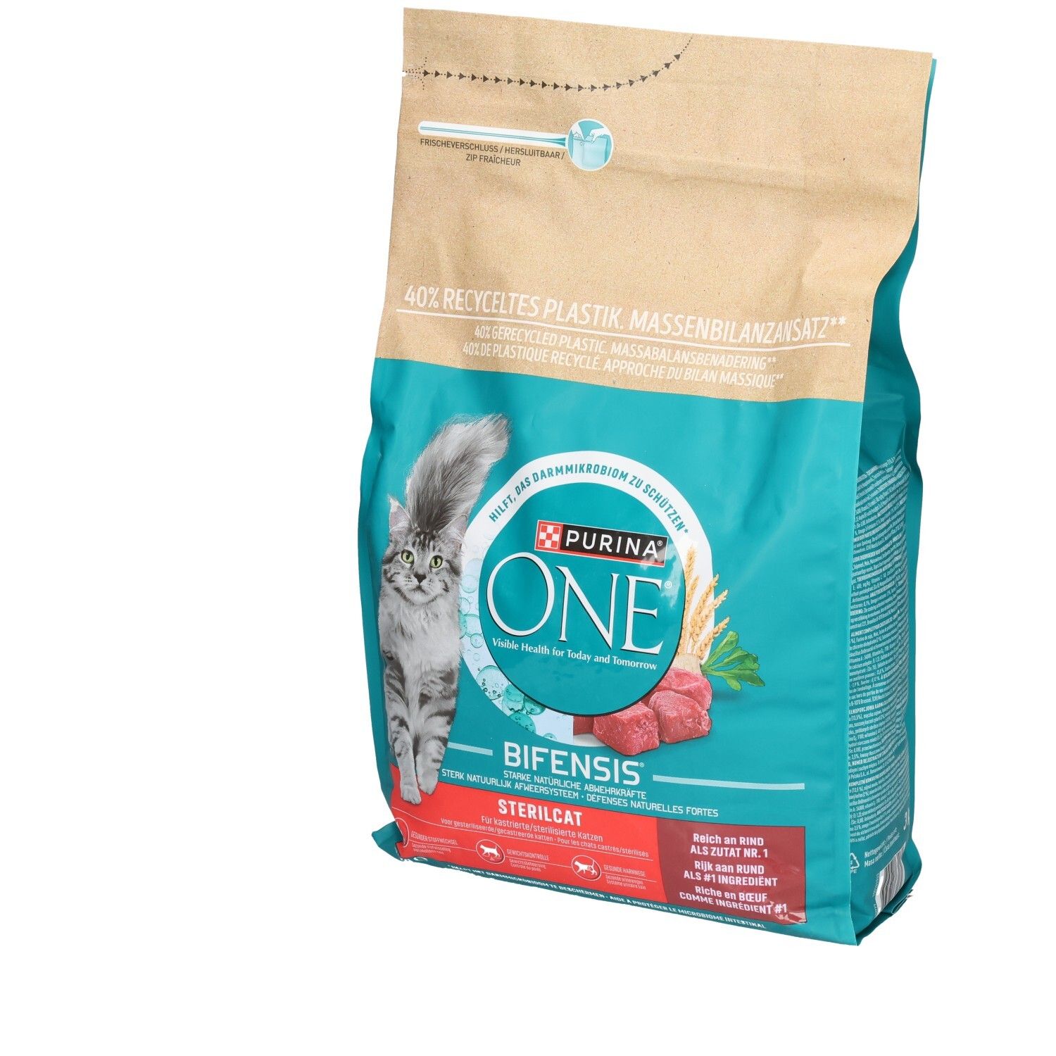 Purina ONE BIFENSIS Adult Katzenfutter, 7.5kg Beutel mit Bild einer Katze und Produktmerkmalen.
