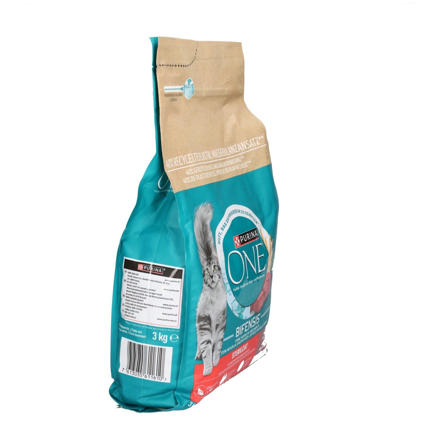 Purina One Bifensis Katzenfutter, 3 kg Beutel mit einem Bild einer Katze und Hühnerfleisch.