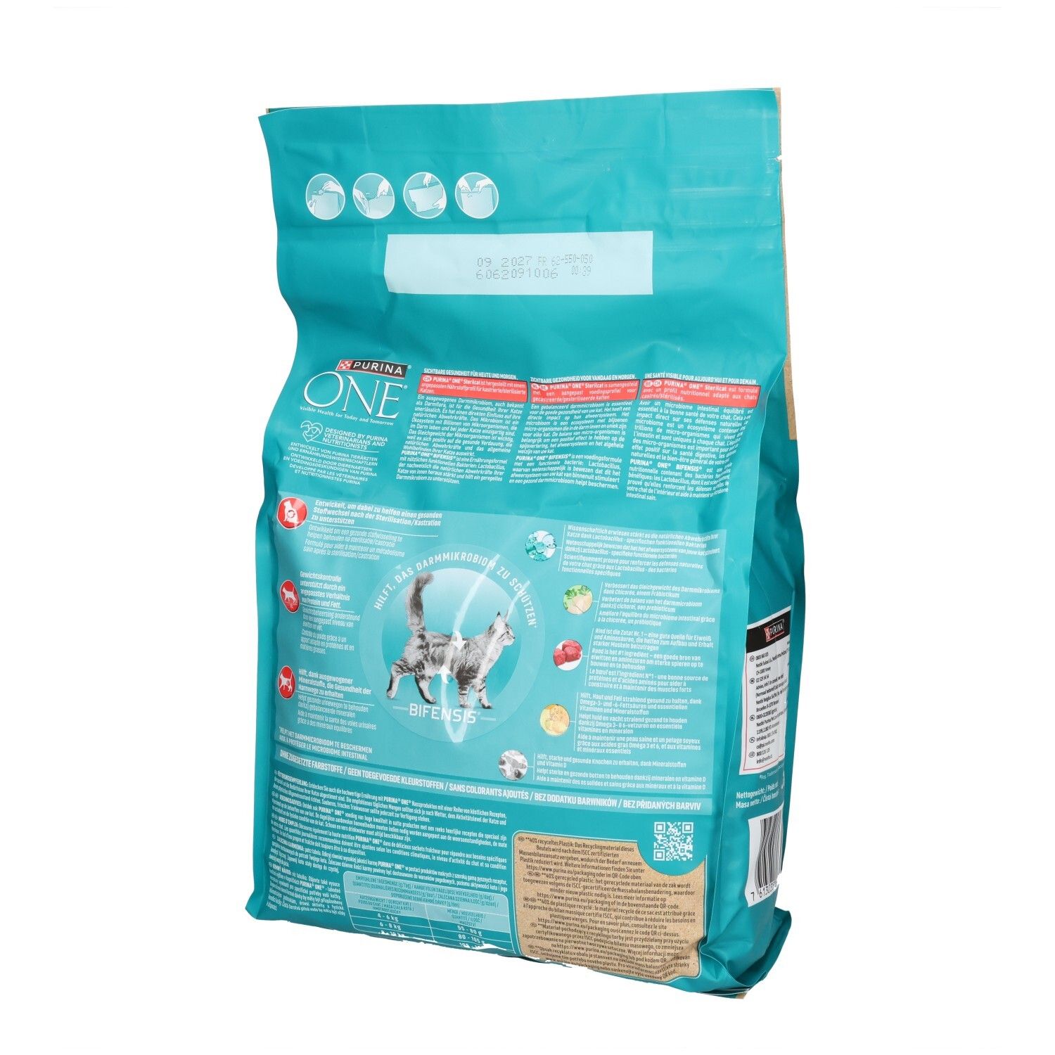 Purina ONE BIFENSIS Adult Katzenfutter, 1.5kg Beutel mit Bild einer Katze und Produktmerkmalen.