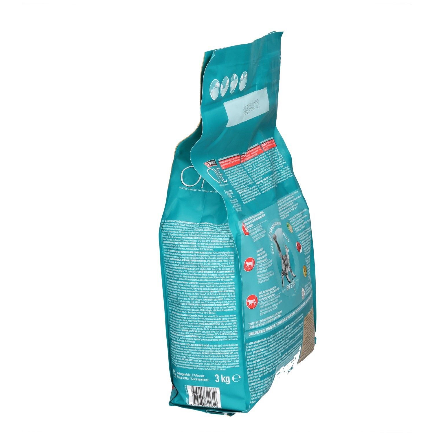 Purina One Bifensis Katzenfutter, 1,5 kg Beutel mit Rückseiteninformationen und einem Bild einer Katze.