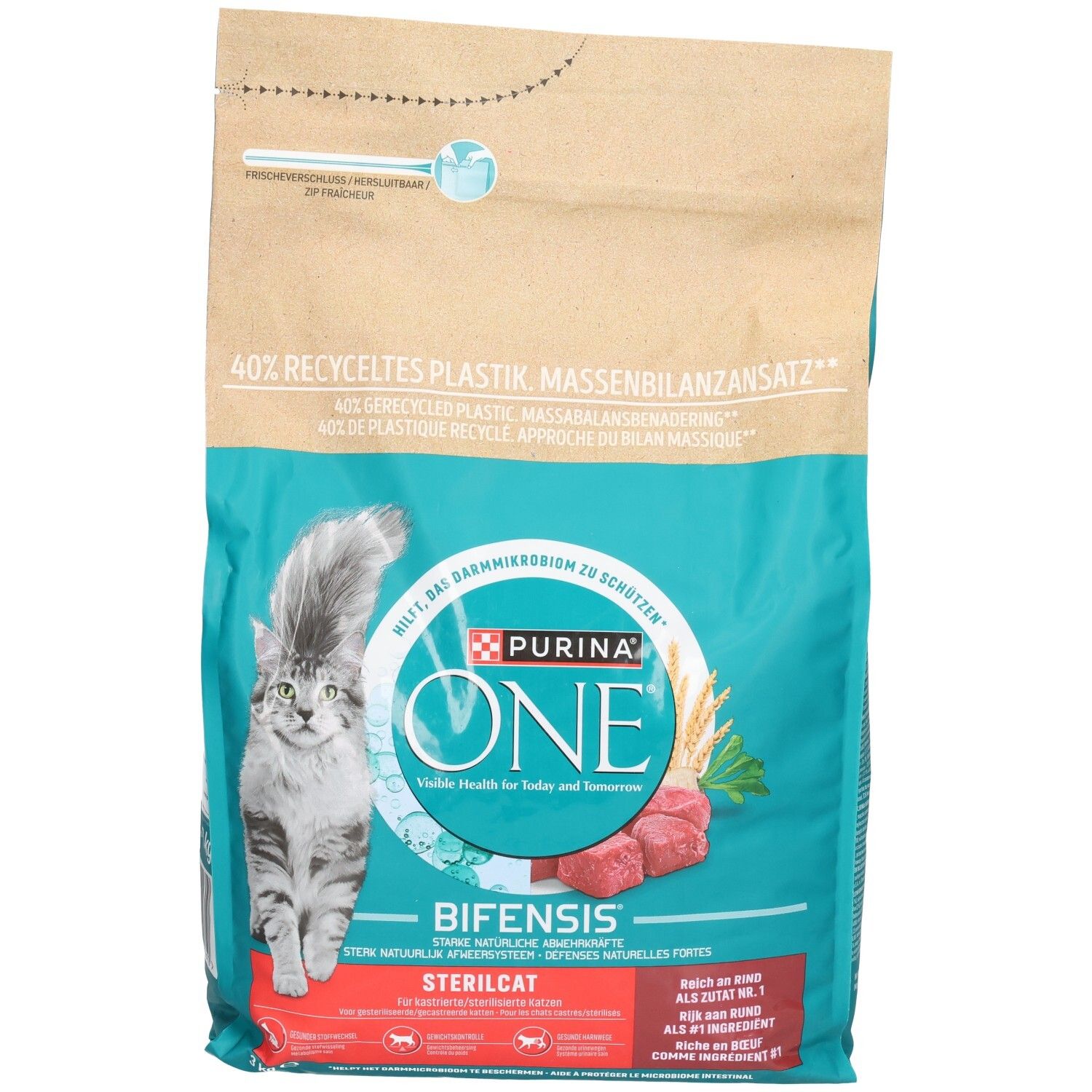 Purina ONE BIFENSIS Sterilcat Katzenfutter, 7.5kg Beutel mit Bild einer Katze und Produktmerkmalen.