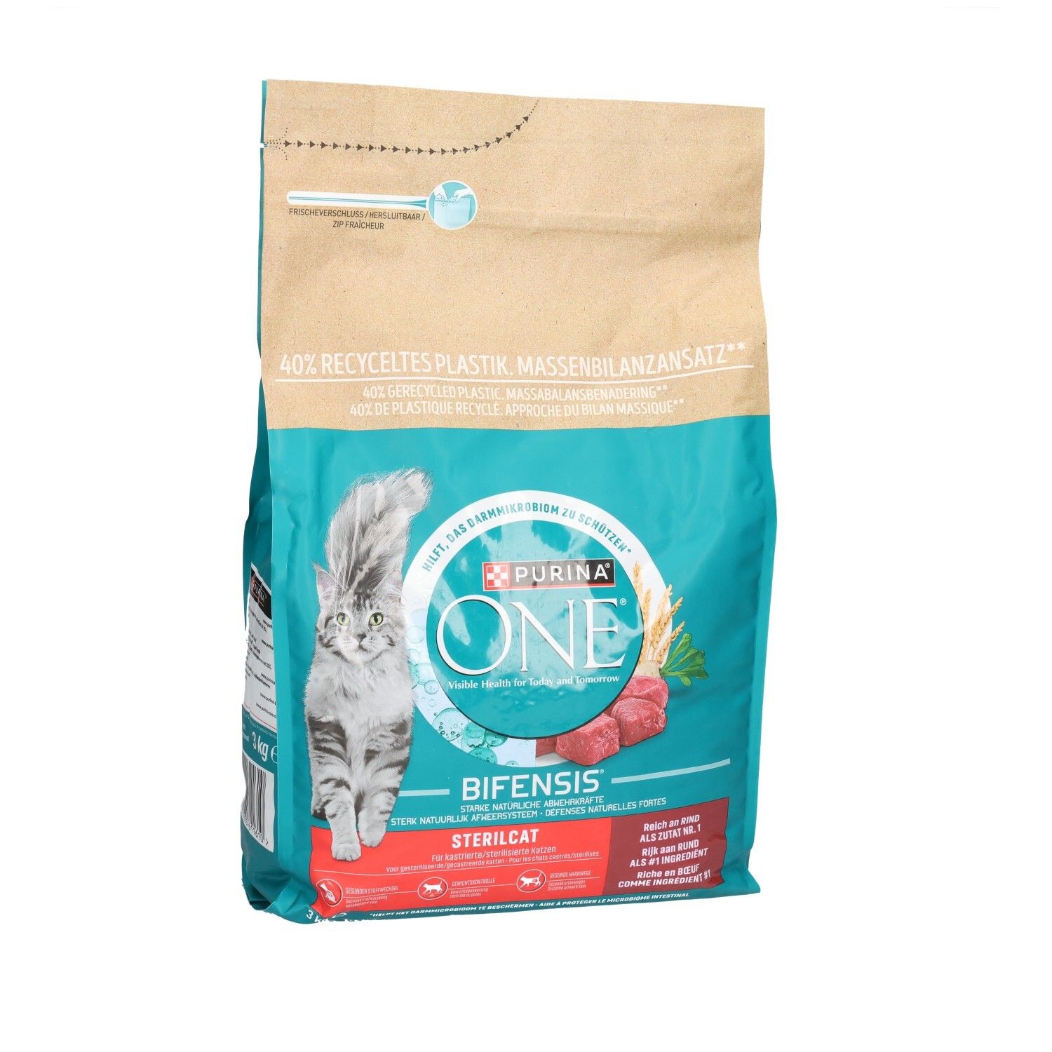Purina ONE BIFENSIS Sterilcat Katzenfutter, 7.5kg Beutel mit Bild einer Katze und Produktmerkmalen.