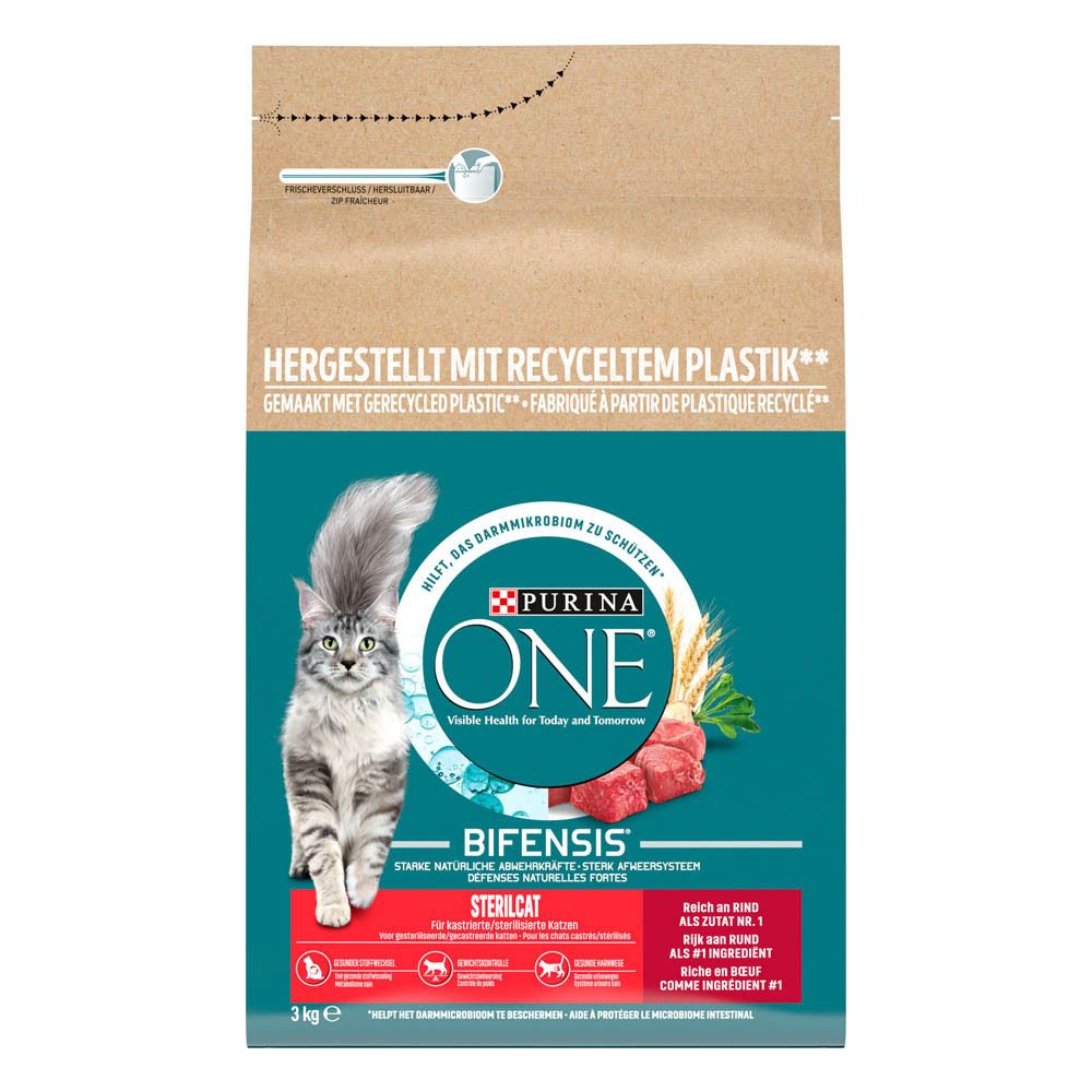 Purina One Bifensis Sterilcat Katzenfutter, 3kg Packung mit Katze und Fleischabbildung.