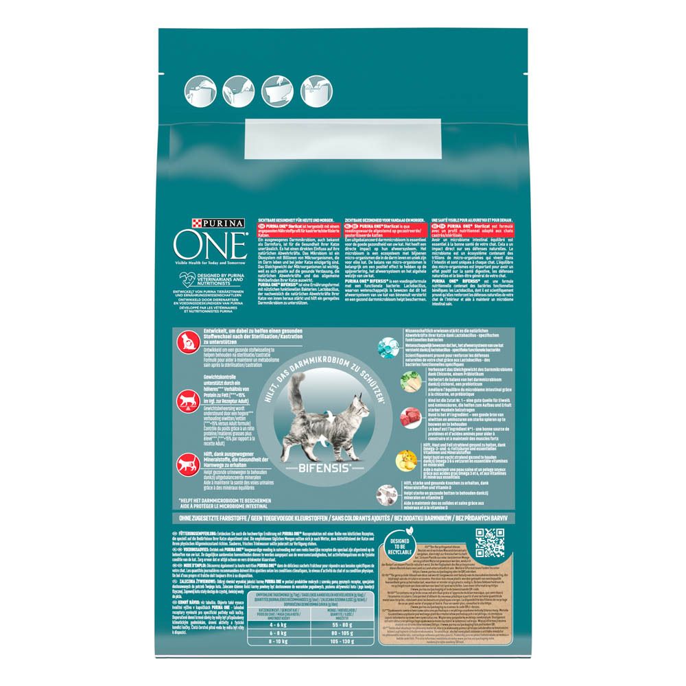 Rückseite eines 7,5 kg Sackes Purina ONE BIFENSIS Adult Katzenfutter mit Informationen.