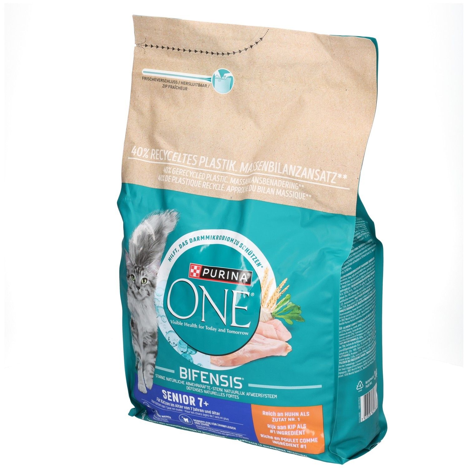 Purina One Bifensis Senior 7+ Katzentrockenfutter, Rückseite des 3kg Beutels.