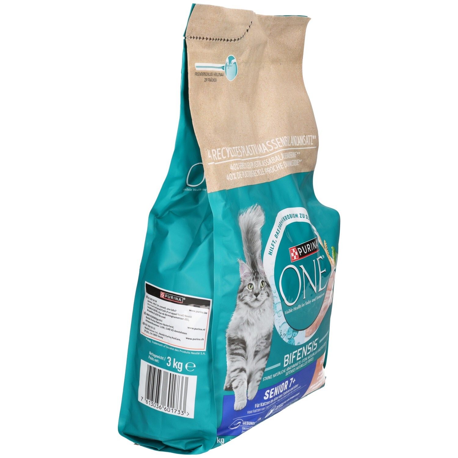 Purina One Bifensis Senior 7+ Katzentrockenfutter, Vorderseite des 3kg Beutels.