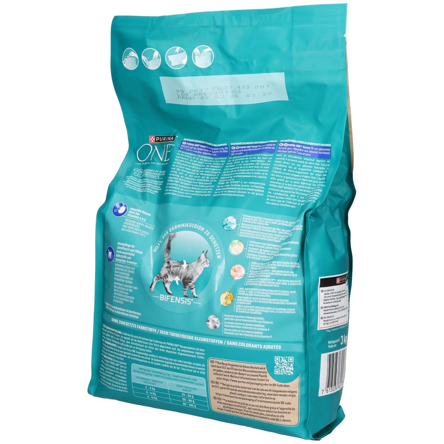 Purina One Bifensis Senior 7+ Katzentrockenfutter, Rückseite des 3kg Beutels.
