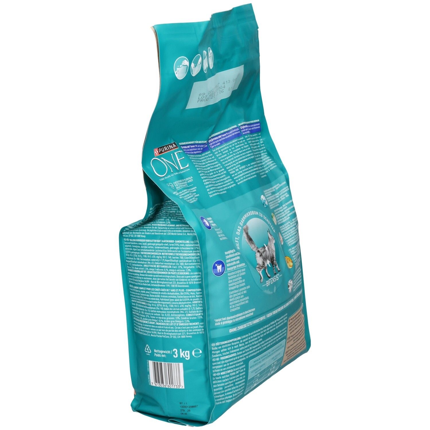 Seite eines Beutels Purina ONE Katzenfutter. Zeigt das Logo, Produktinformationen und eine Abbildung einer Katze.