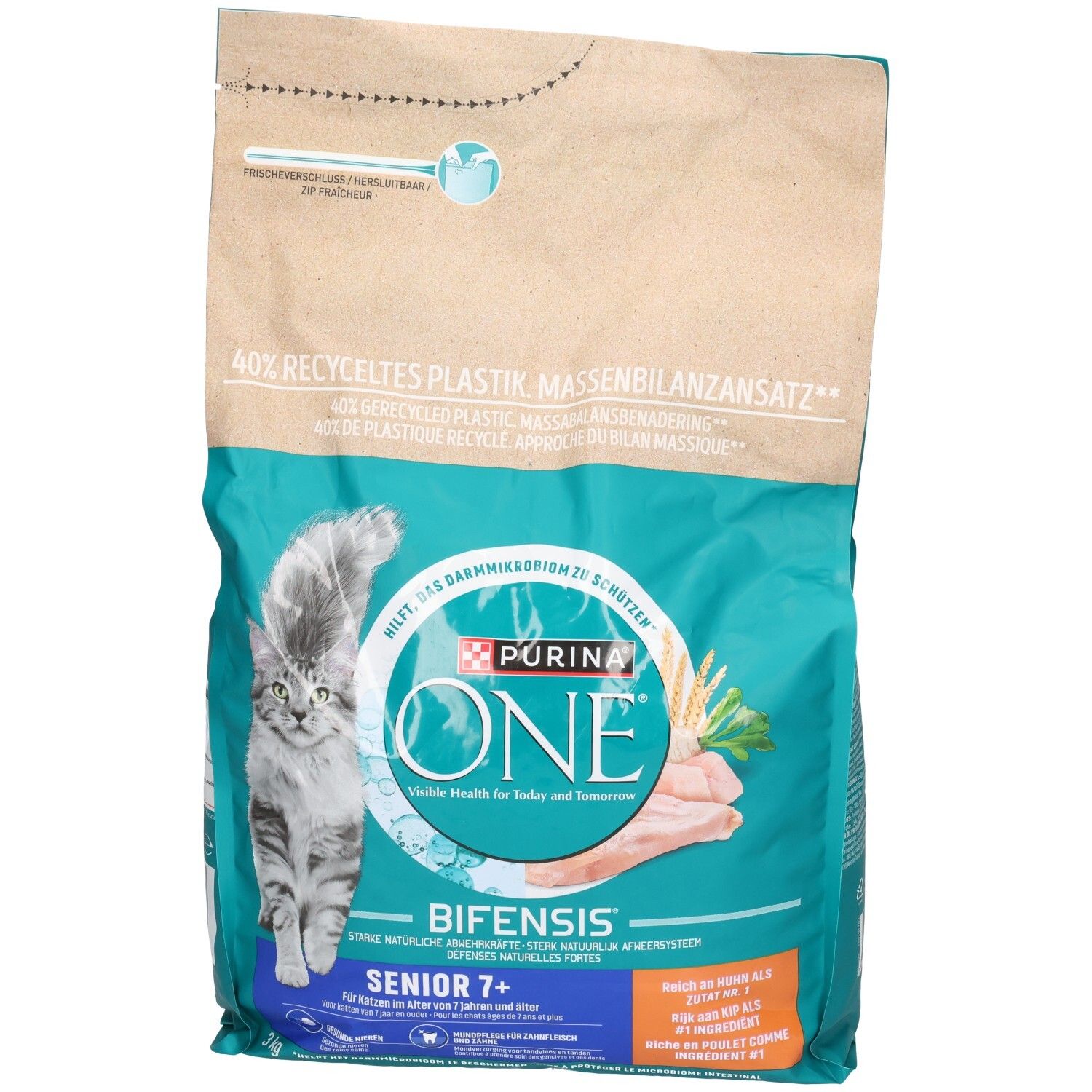 Purina One Bifensis Senior 7+ Katzentrockenfutter, 3kg Beutel mit Katze und Huhn.