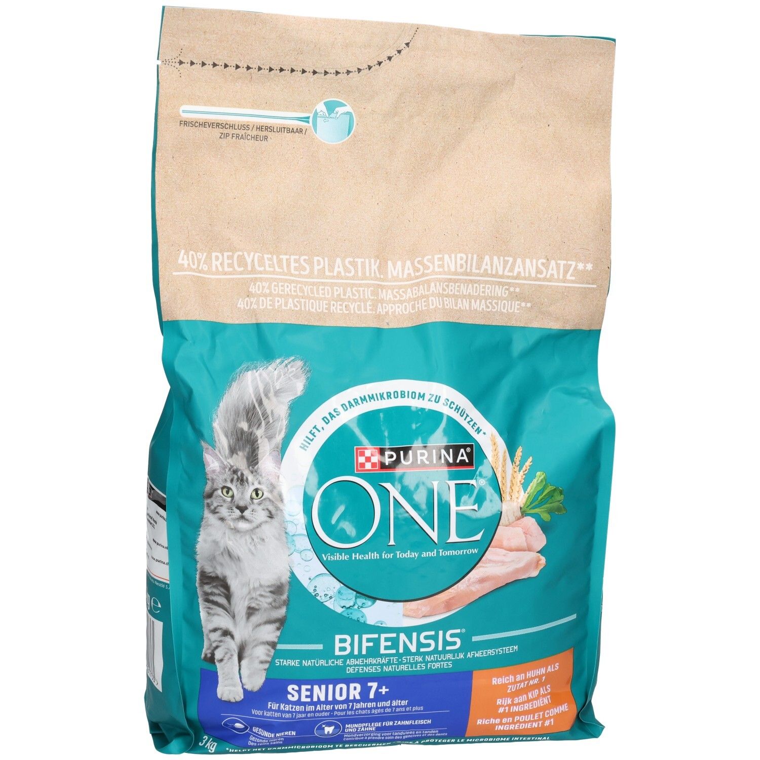 Purina One Bifensis Senior 7+ Katzentrockenfutter, Vorderseite des 3kg Beutels.