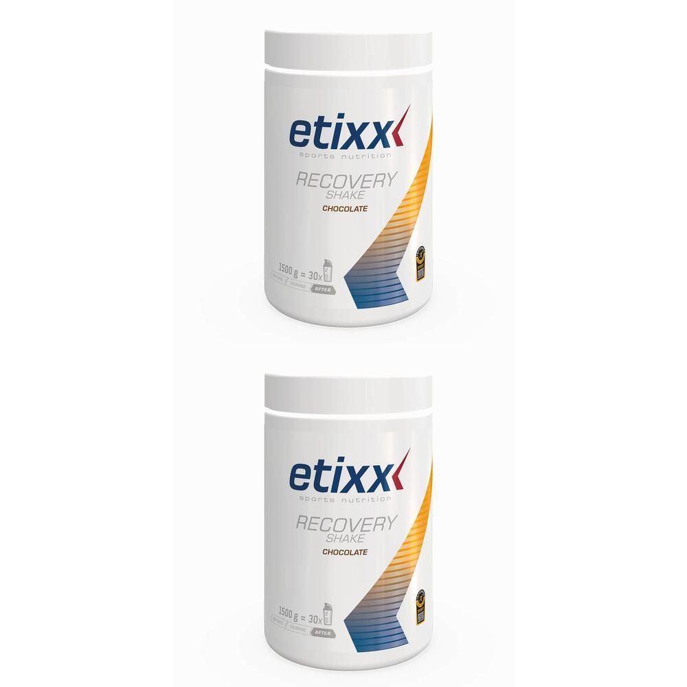 Zwei Dosen Etixx Recovery Shake Schokoladengeschmack.