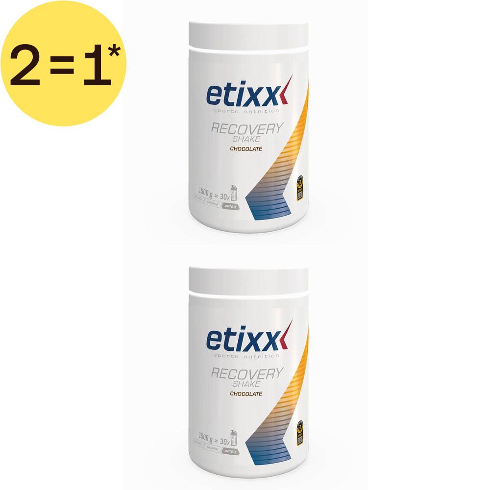 Deux boîtes de Etixx Recovery Shake saveur chocolat.