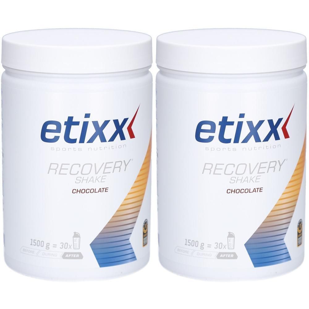Zwei weiße Behälter mit Etixx Recovery Shake Schokoladengeschmack.