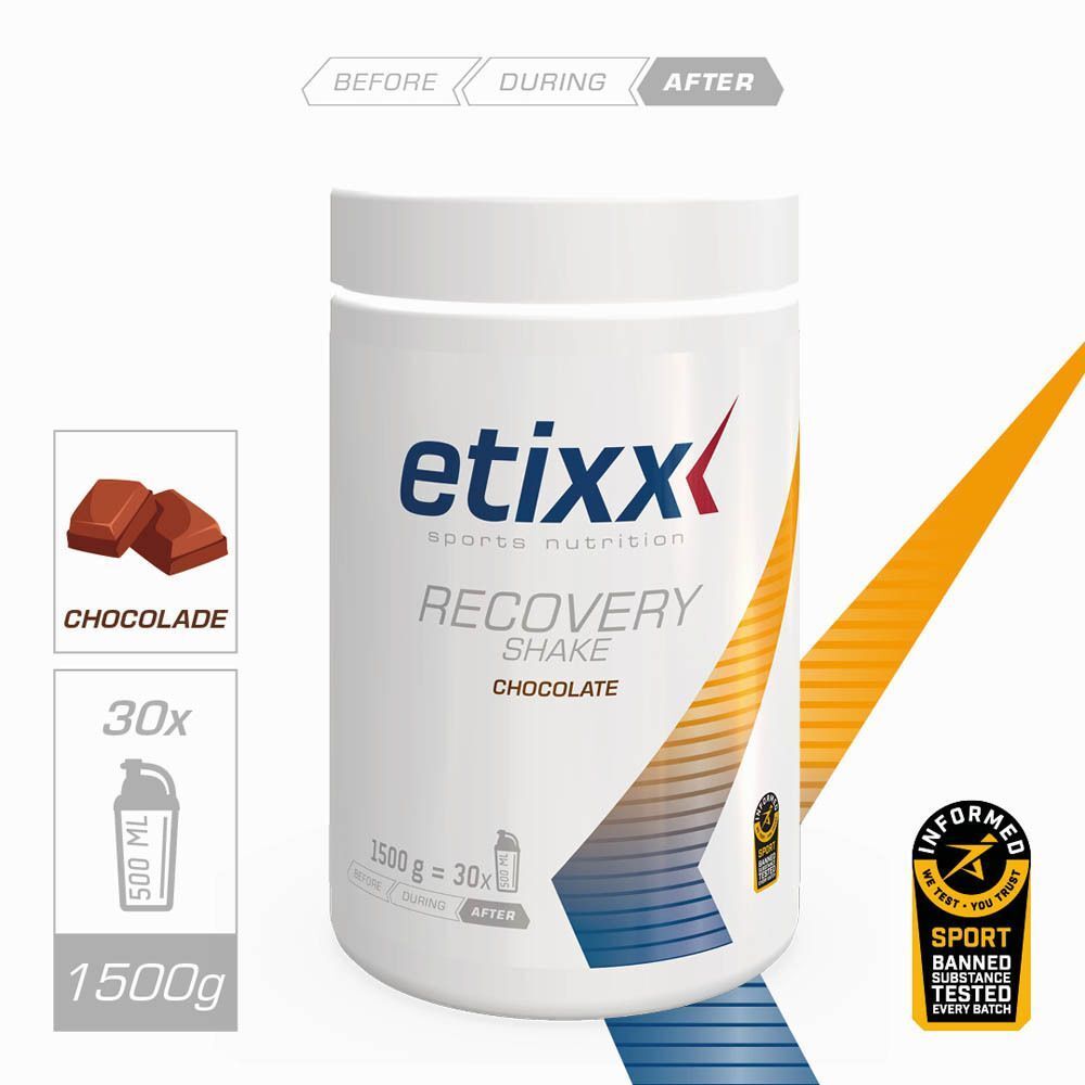 Etixx Recovery Shake Schokoladengeschmack, 1500g Dose mit Schokoladenstückchen und Informed Sport Siegel.