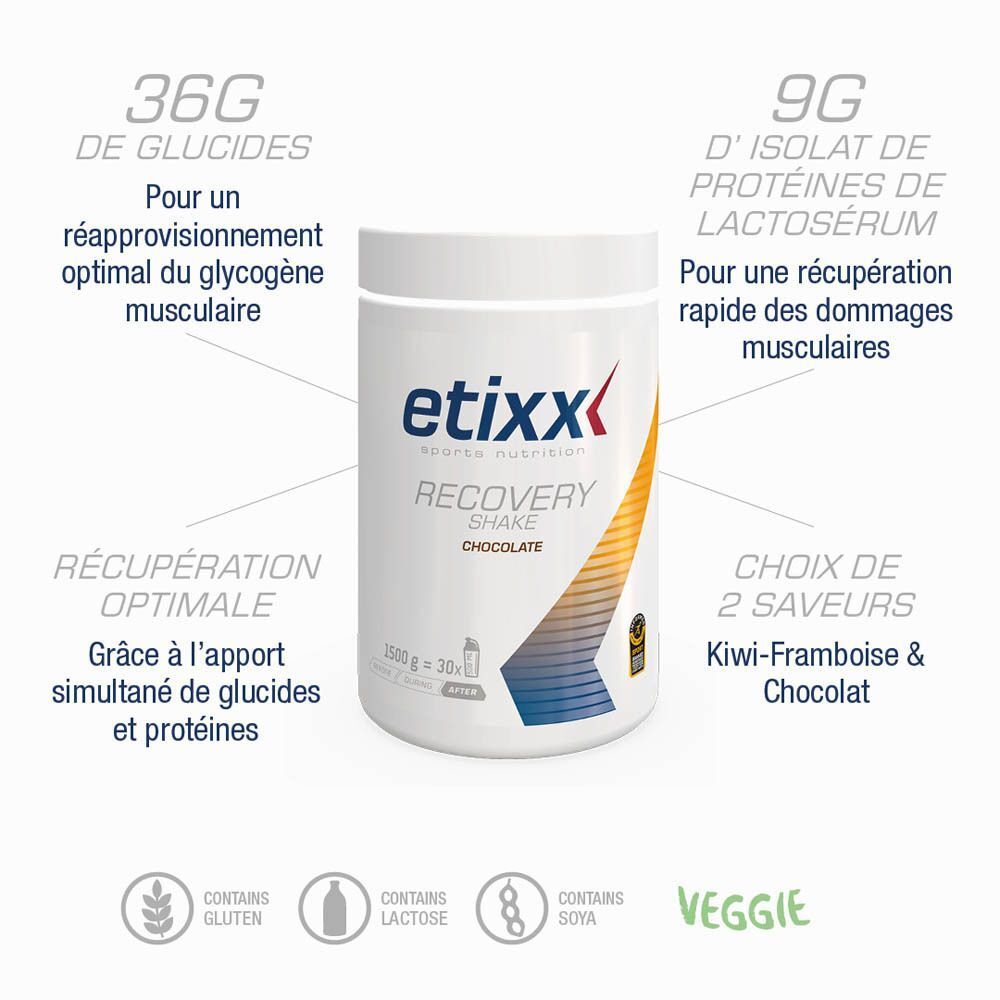 Un pot blanc de Etixx Recovery Shake saveur chocolat, avec informations nutritionnelles.