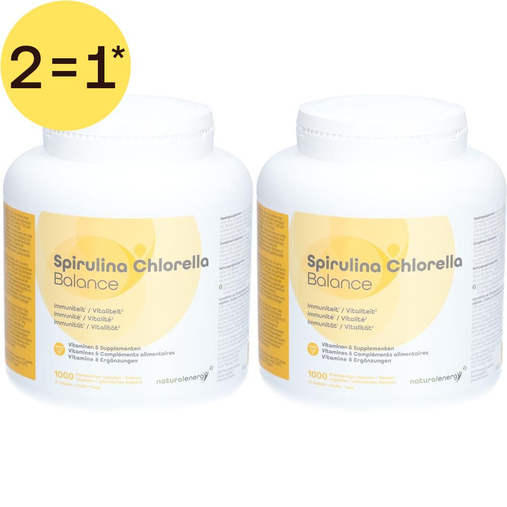 Deux contenants blancs de suppléments Spirulina Chlorella Balance. Offre "2=1*". Chaque bouteille contient 1000 comprimés.