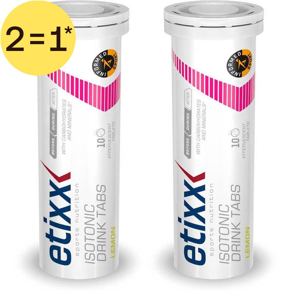 Deux tubes de comprimés effervescents Etixx Isotonic Drink Tabs Citron, 10 par tube. Certifié Informed-Sport.