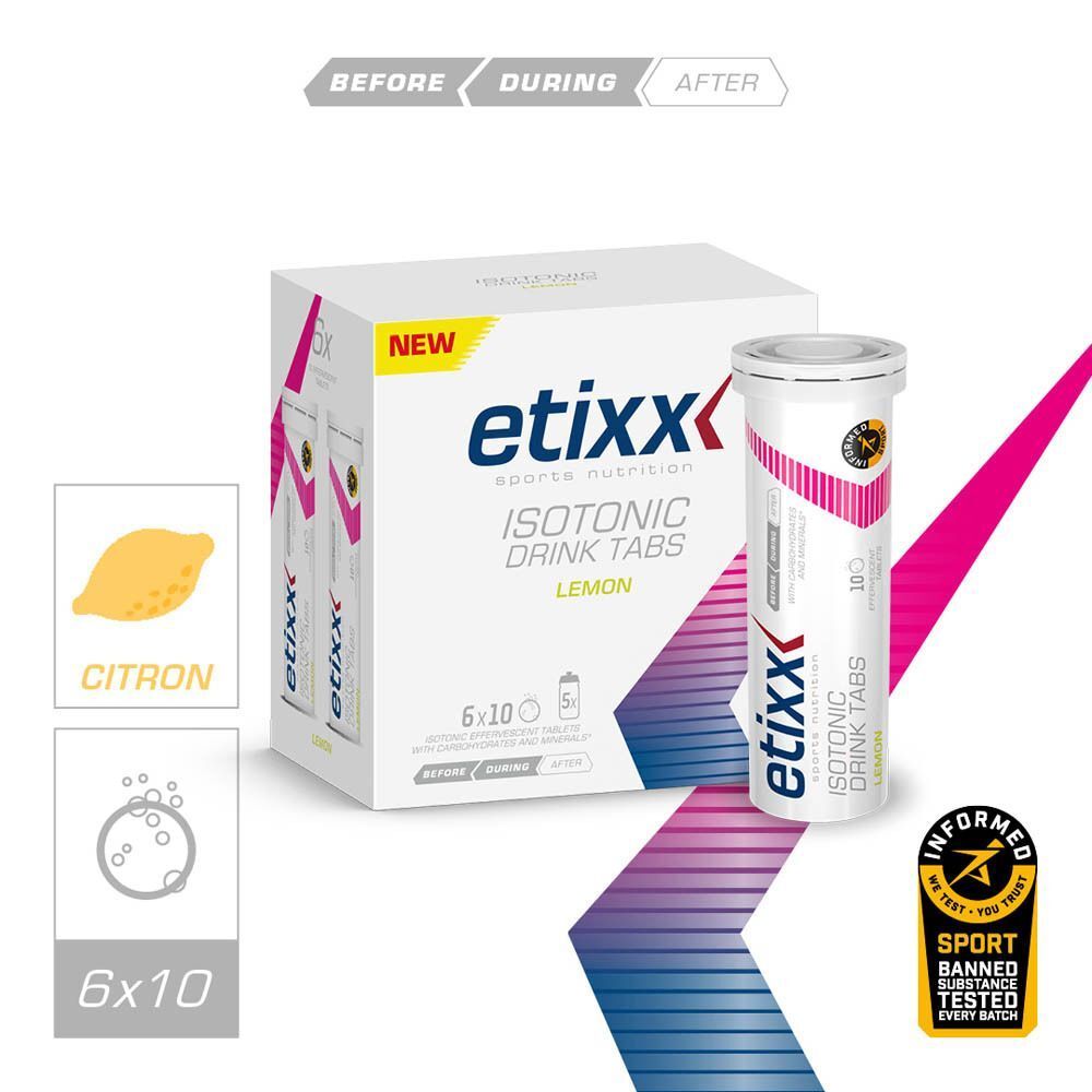 Deux boîtes de comprimés effervescents Etixx Isotonic Zitrone avec un tube chacune.