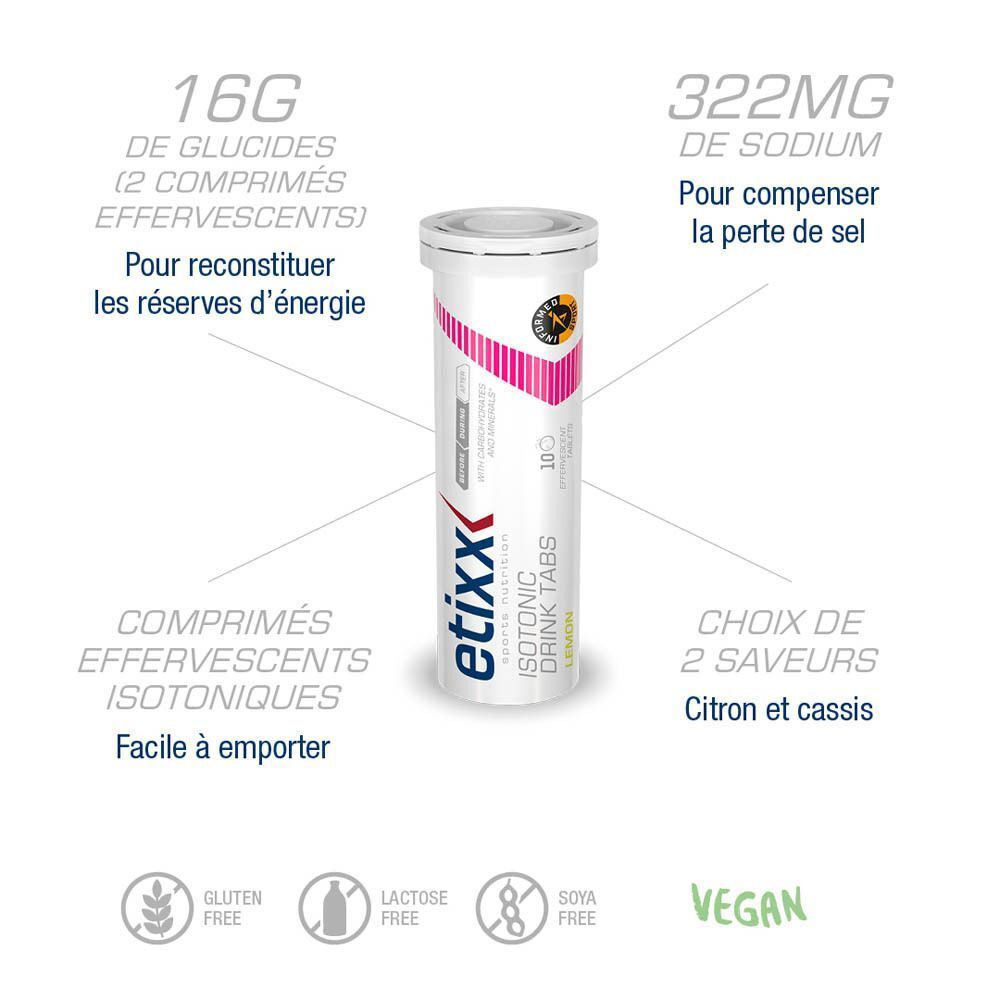 Comprimés effervescents Etixx Isotonic Zitrone : boîte, tube, citron, bulles, 6x10.