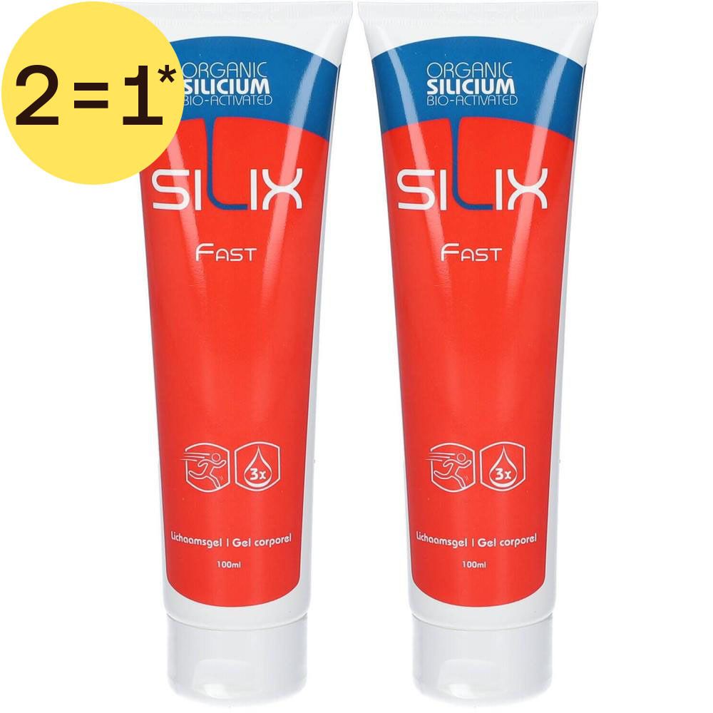 Deux tubes de lotion corporelle SILIX Fast avec autocollant jaune "2=1". Étiquette rouge avec accents bleus. Contient du silicium organique.