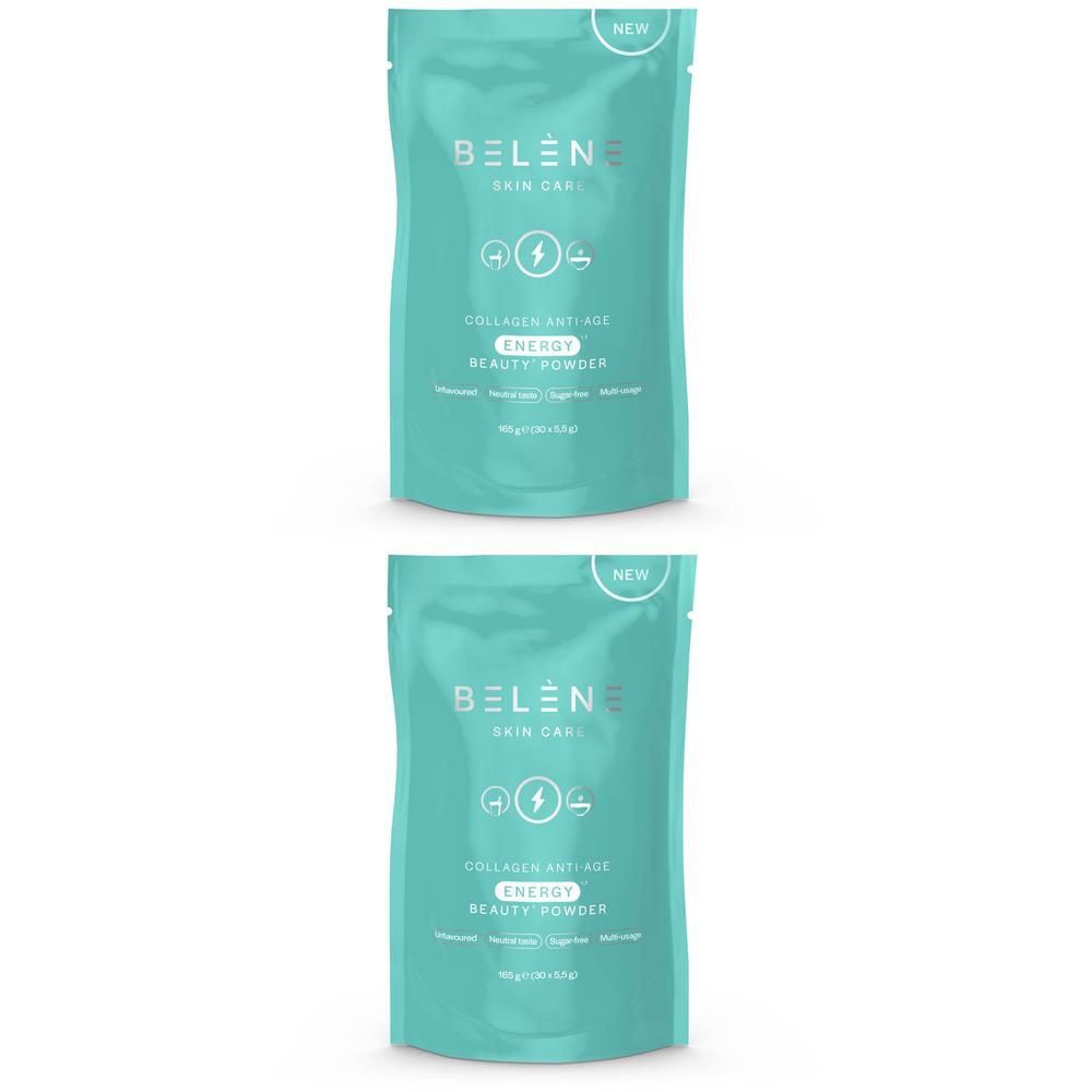 Zwei Packungen Bélène Collagen Anti-Age Energy Beauty Powder in Türkis.