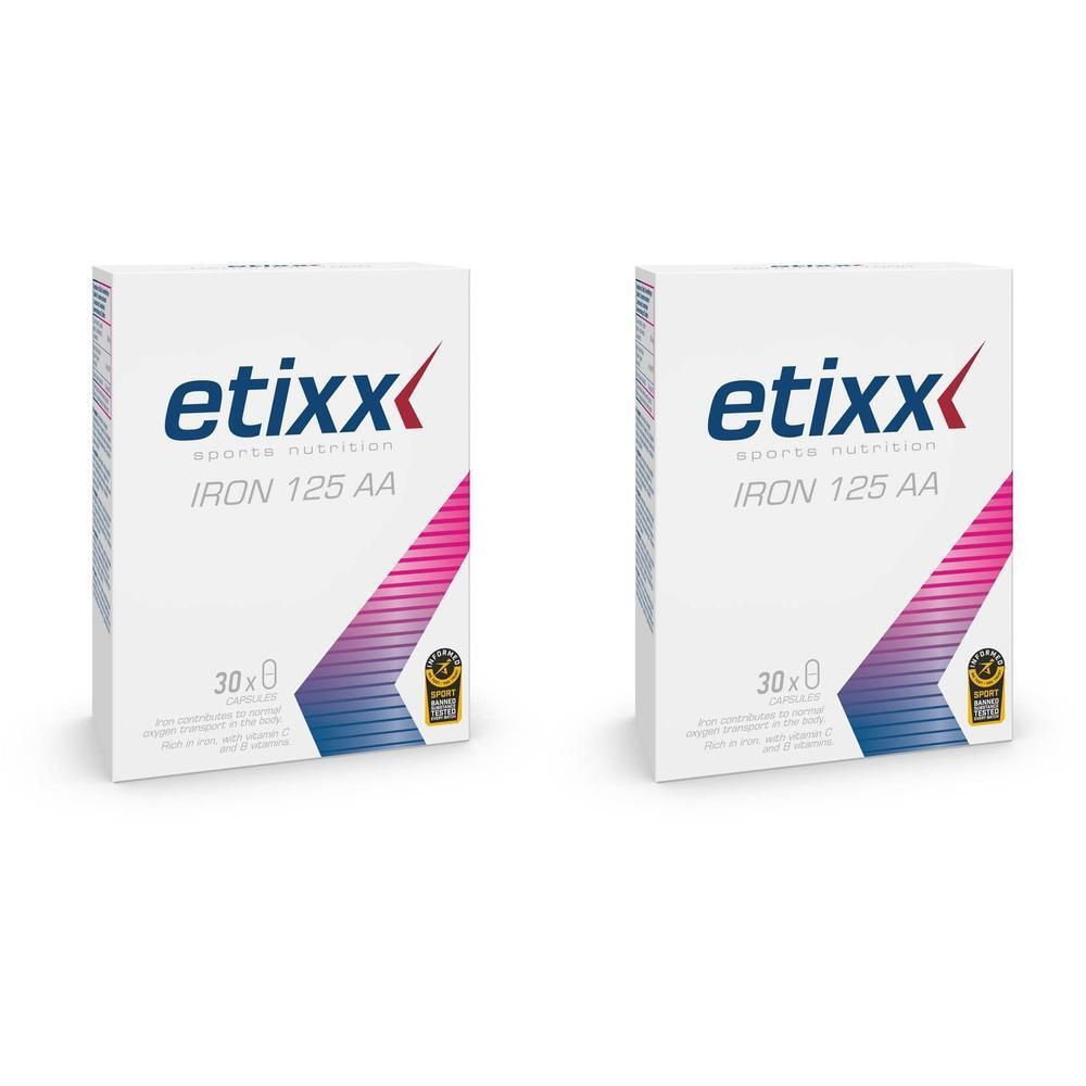 Zwei Packungen Etixx Eisen 125 AA, Sportnahrung. Jede Packung enthält 30 Kapseln.