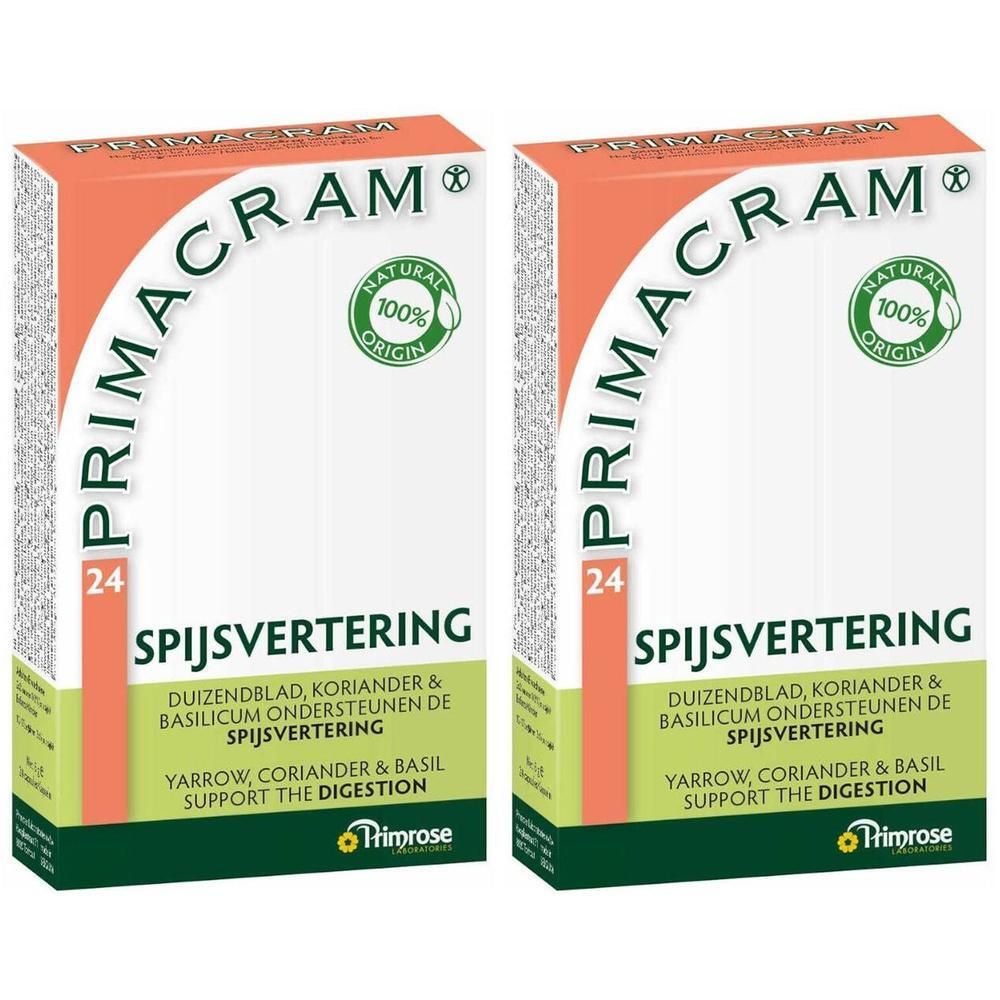 Zwei Packungen Primacram für Verdauung, 24 Stück pro Packung. Enthält Yarrow, Koriander & Basilikum.