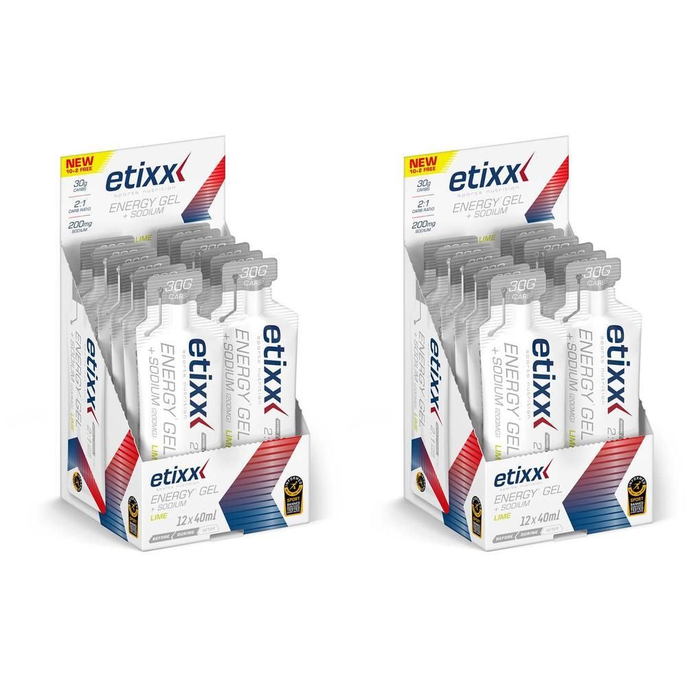 Zwei Displays mit je 12 Etixx Energy Gels + Sodium in Limettengeschmack.