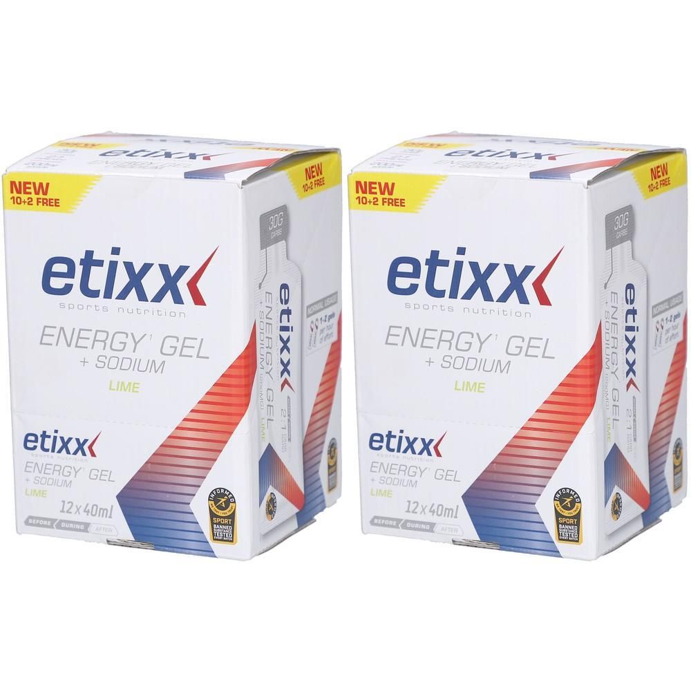 Zwei Packungen Etixx Energy Gel + Natrium, Limettengeschmack, 12x40ml.